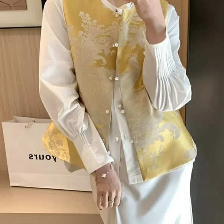 新中式国风女秋冬加棉刺绣拼接马甲时尚复古配打底衫两件套