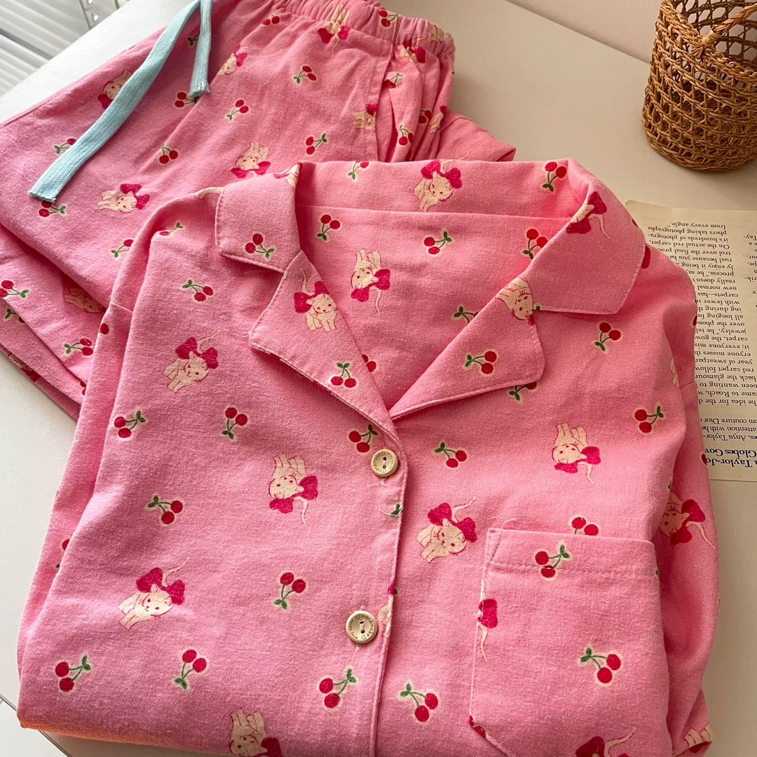 【卡通樱桃】韩系甜美小猫睡衣女2025春秋新款大码可外穿家居服套装