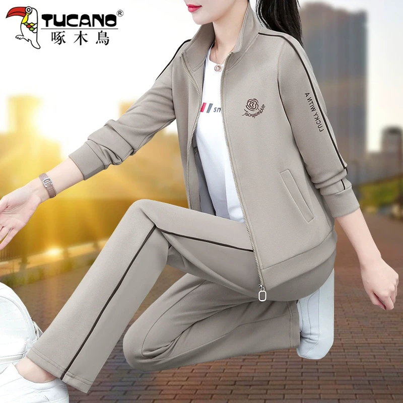 啄木鸟立领运动服套装女春秋2025新款开衫外套中年妈妈休闲三件套