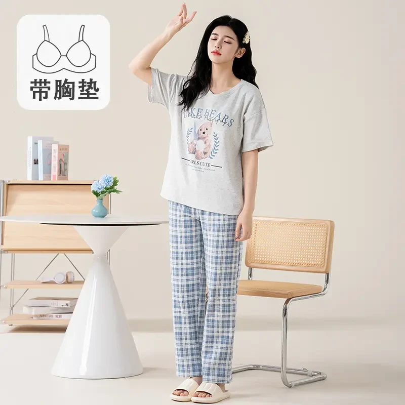 M3175（拍一发三）卡通小熊短袖长裤短裤带胸垫三件套睡衣家居服