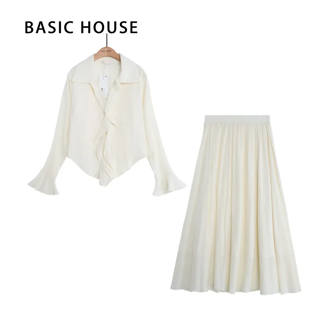 Basic House/百家好百家好JH显瘦气质百搭时尚休闲荷叶边衬衫套装