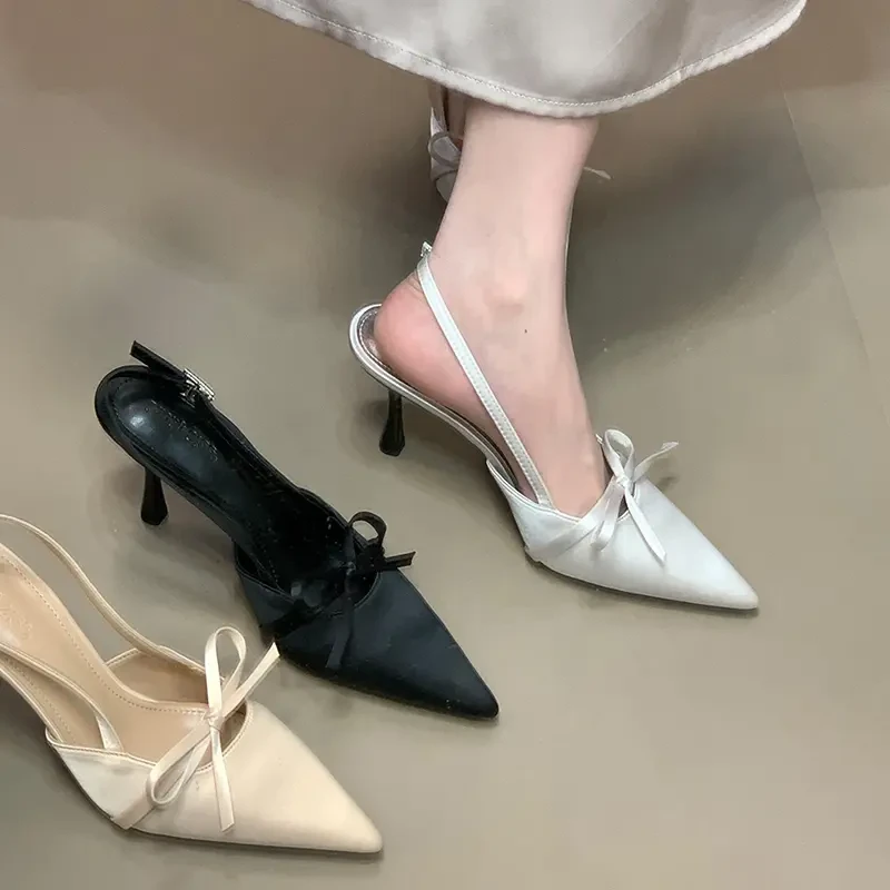 蝴蝶结法式缎面凉鞋女夏季新款时尚包头凉鞋尖头气质高跟鞋女