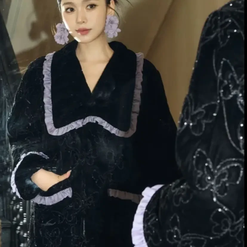 【紫黛星河】原创撞色两件套宽松加绒三层加厚夹棉睡衣两件套冬新款