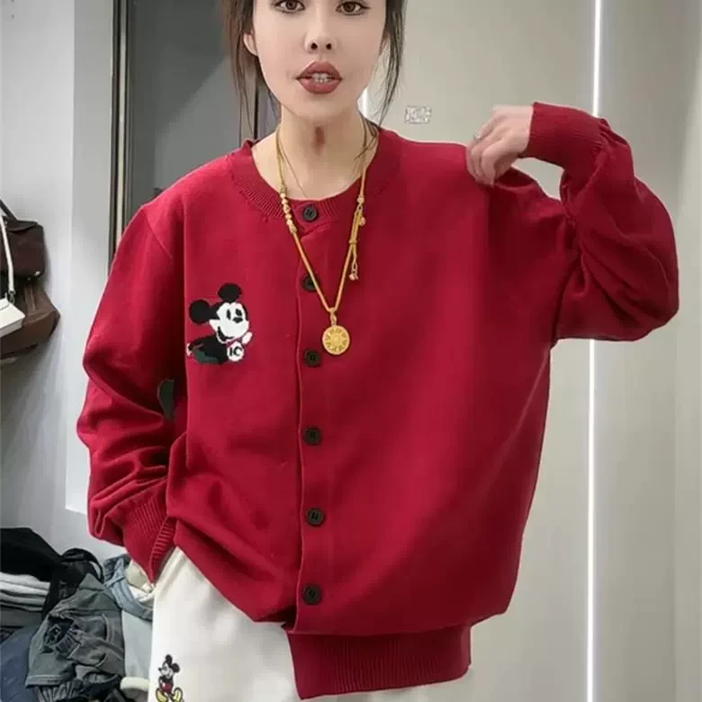 卡通米奇刺绣单排扣针织开衫女2025春装新款洋气减龄宽松显瘦上衣