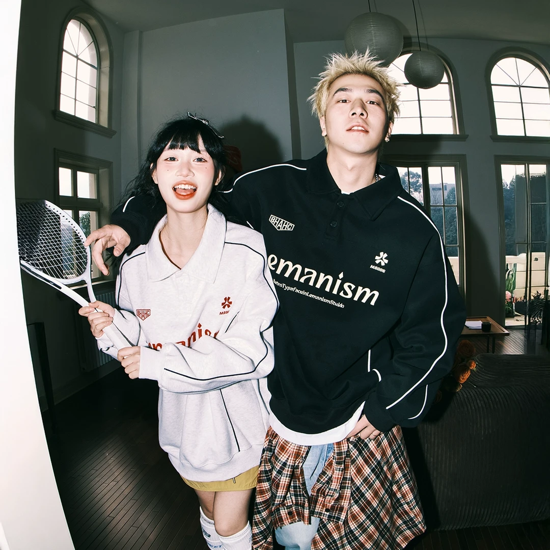 lemanism线条拼接字母长袖POLO衫男2025春季情侣款宽松翻领外套女