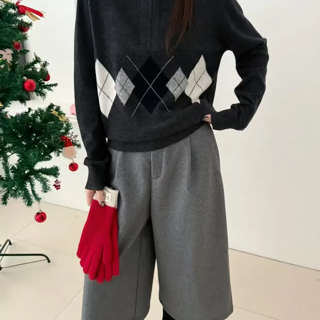 秋冬韩版菱格宽松慵懒风针织毛衣女新款内搭上衣