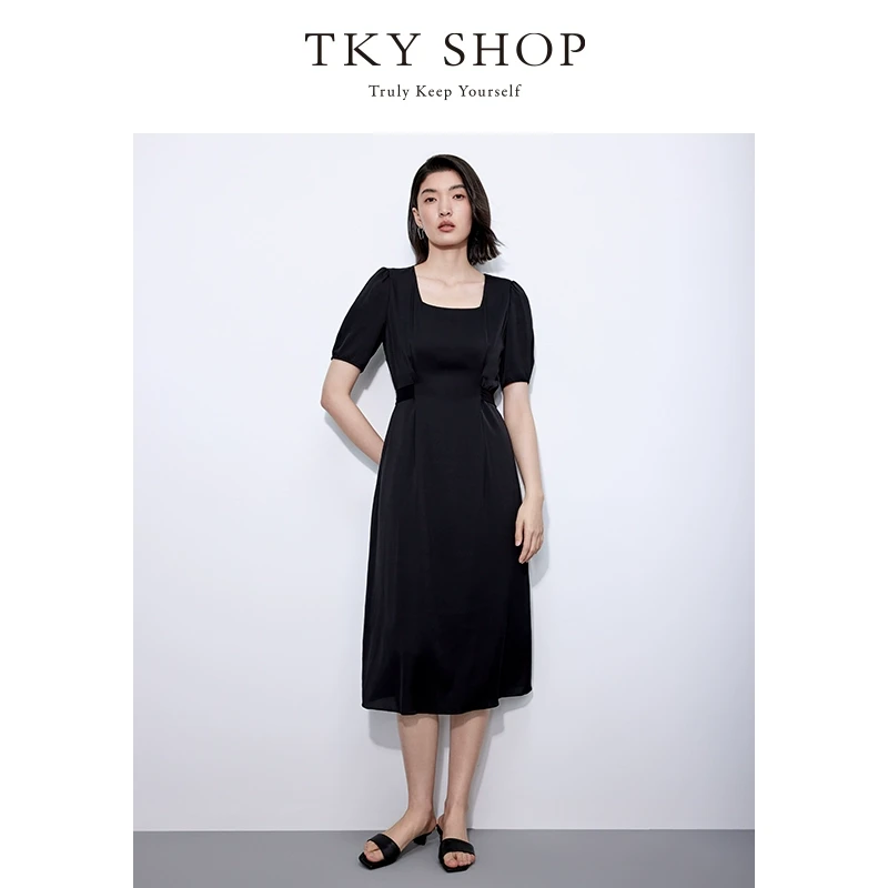 TKYSHOP方领收腰桑蚕丝连衣裙夏季显瘦小黑裙静奢风 10H1YA10J238