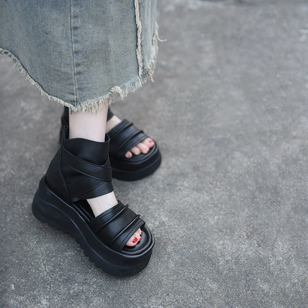 Artmu阿木原创罗马凉靴真皮高跟黑色坡跟厚底凉鞋女款新款2566-21