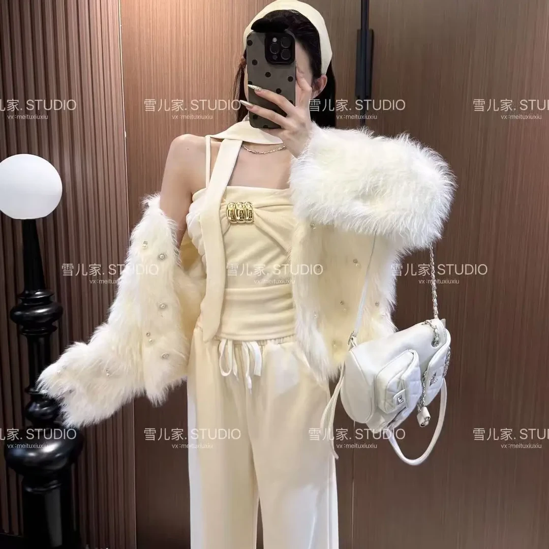长袖重工钉珠貂毛软糯温柔开衫十吊带十裤子女秋冬季时尚三件套