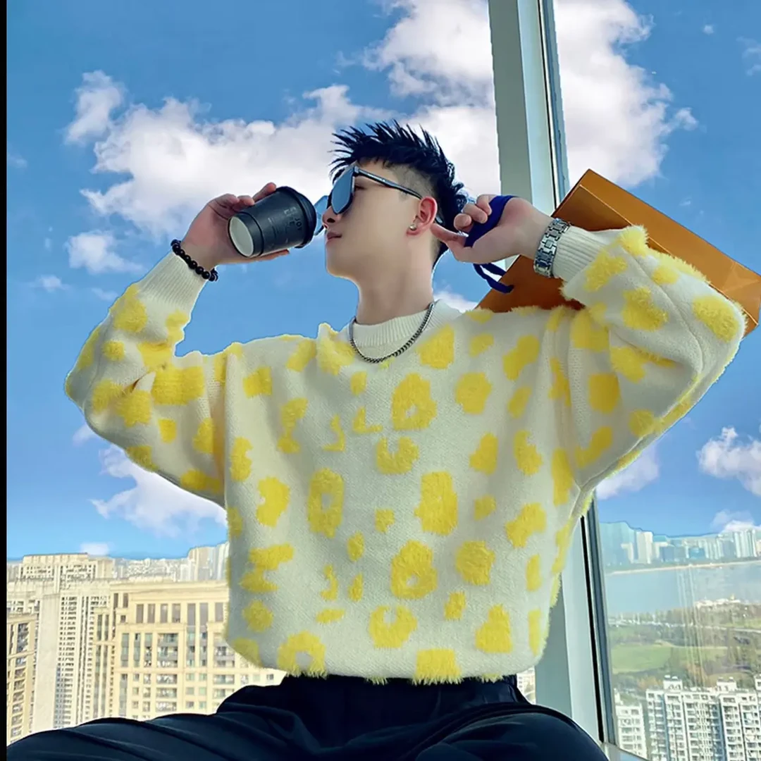 亮黄色加厚针织毛衣男士秋冬季痞帅圆领保暖套头打底内搭线衣潮牌