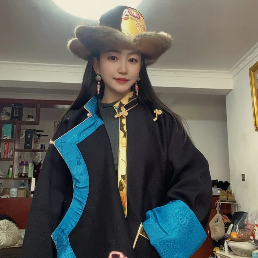精品氆氇外套传统蓝色配色手工缝制进口金卡配边男女同款140斤内