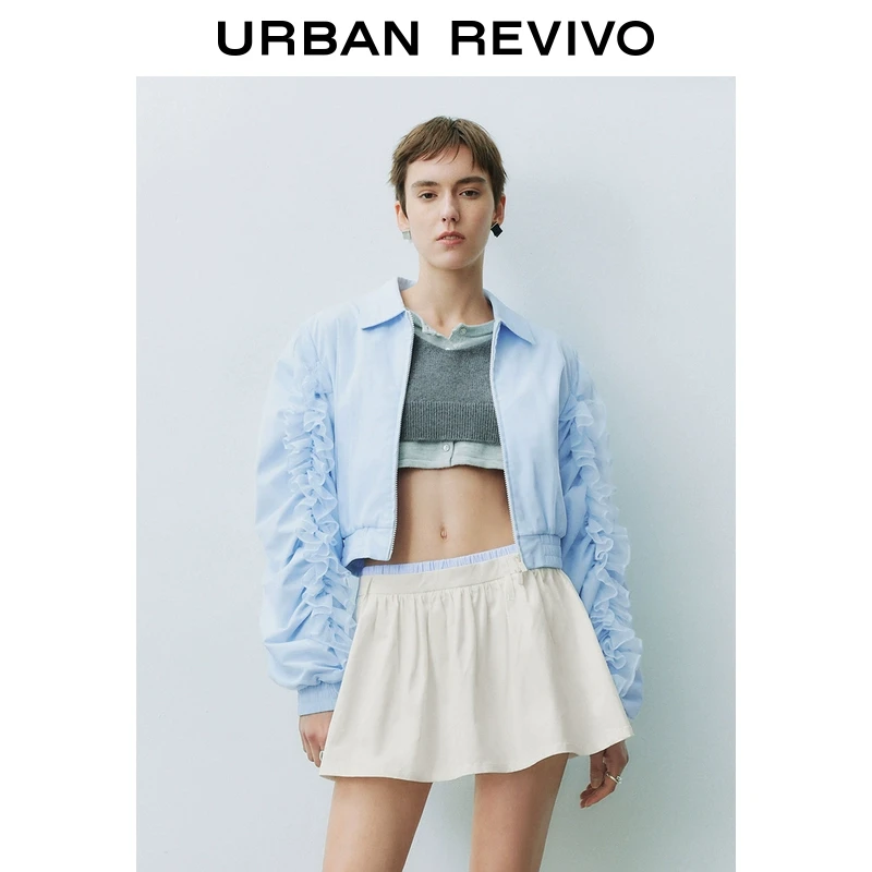 UR2025春季新品女欧若风拼接木耳边双拉链超外套UYU150012