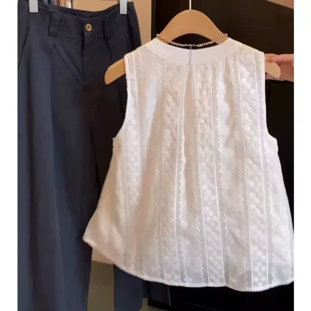 大码法式蕾丝无袖背心女胖mm2-300斤宽松显瘦高级感衬衫上衣ins夏