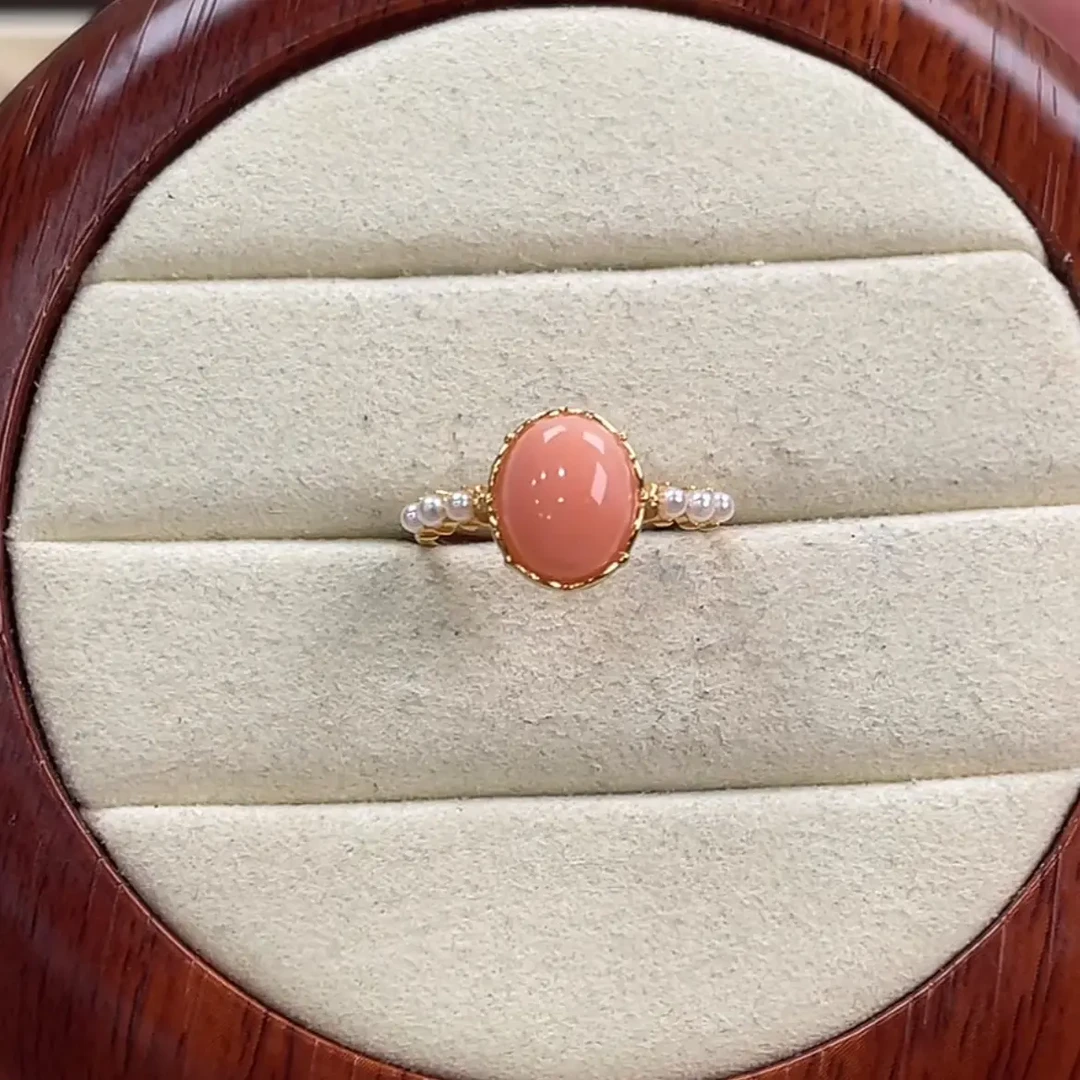 天然红珊瑚粉色银戒指