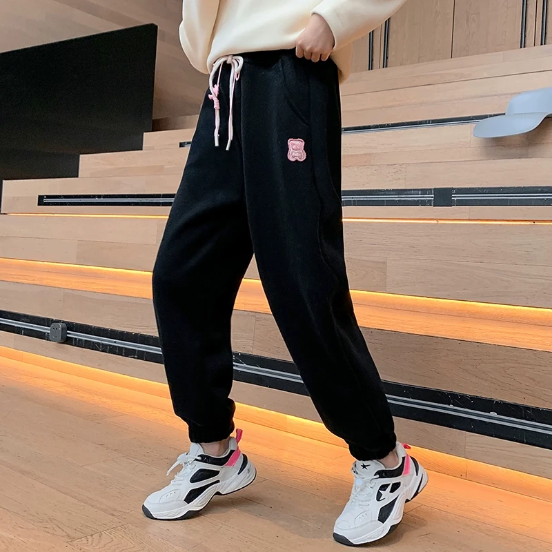 女童加绒松紧腰运动裤冬季新款女中大童韩版时尚棉质保暖裤