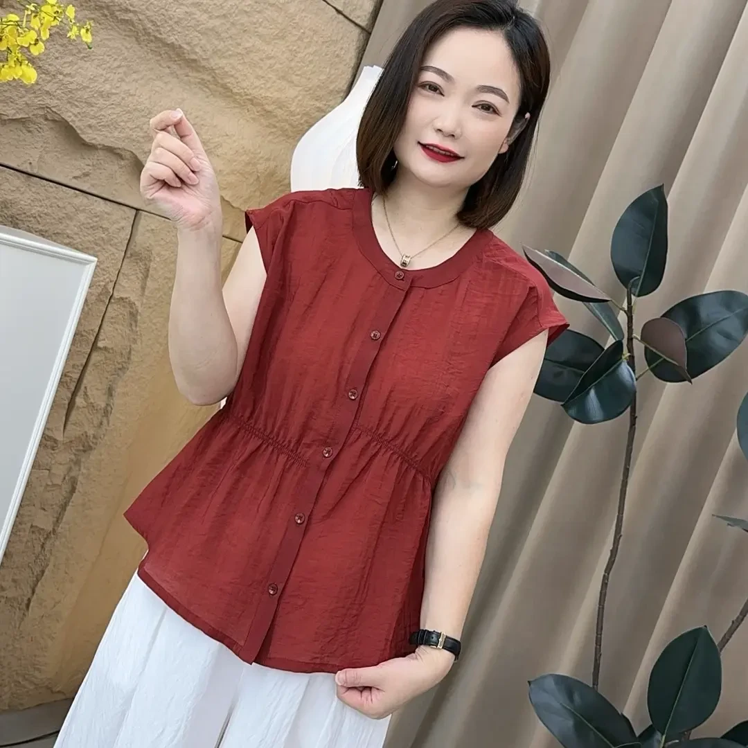 2025夏季新款时尚圆领纯色洋气百搭宽松显瘦薄款凉快女士短袖衬衫
