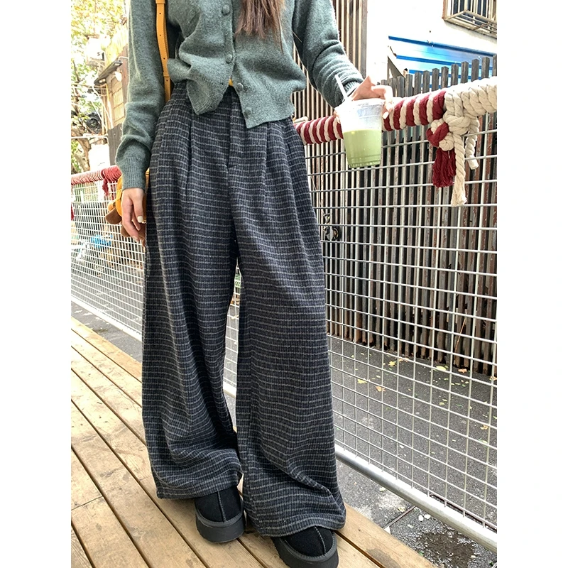 圆脸柒柒 秋冬双色格纹宽松休闲阔腿长裤女磨毛直筒舒适感休闲裤