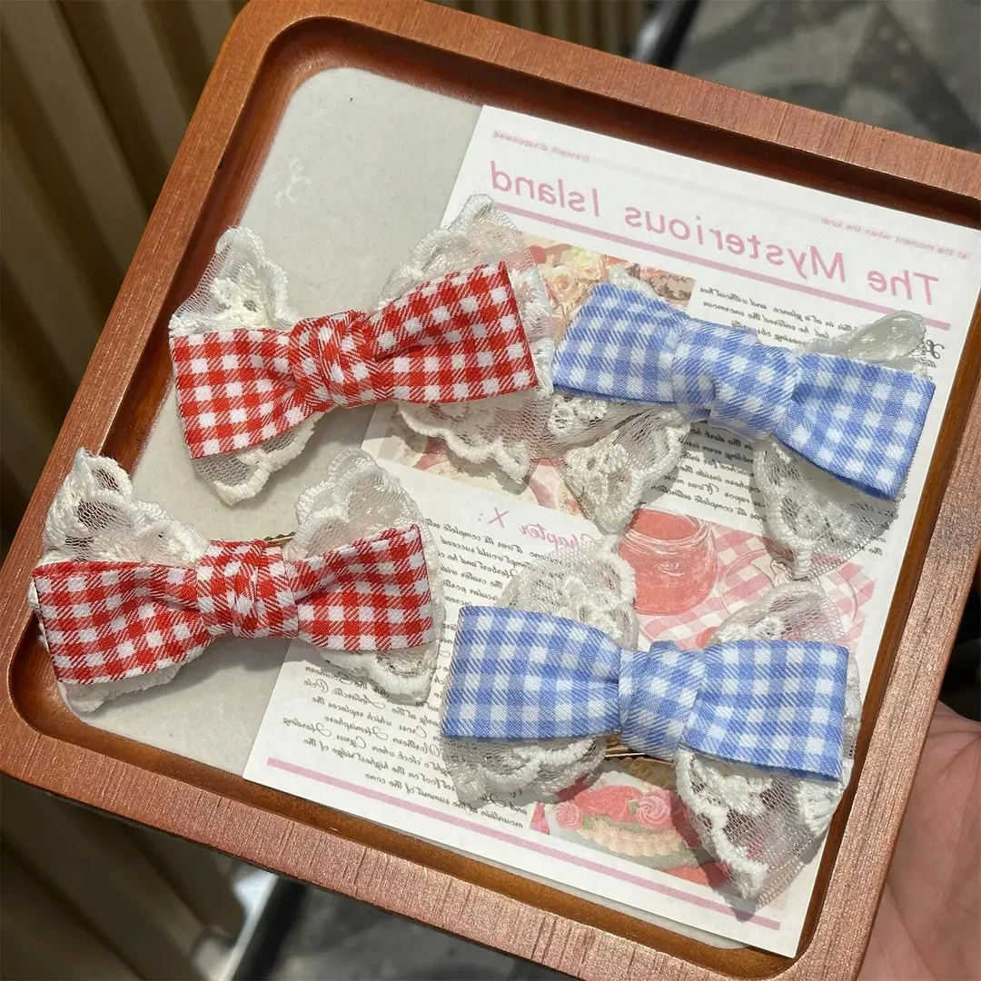 新款小清新儿童发卡子布艺蕾丝格子蝴蝶结女孩刘海夹发夹公主头饰