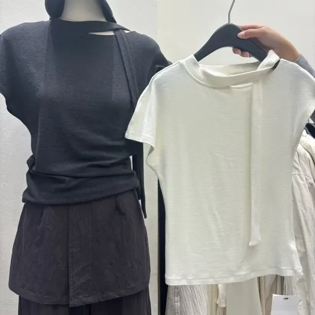 6036百搭飞袖飘带短袖圆领