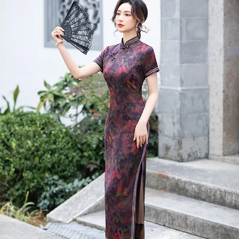 7881-立领斜襟长裙风景印花日常旗袍双层网红优雅提花显瘦