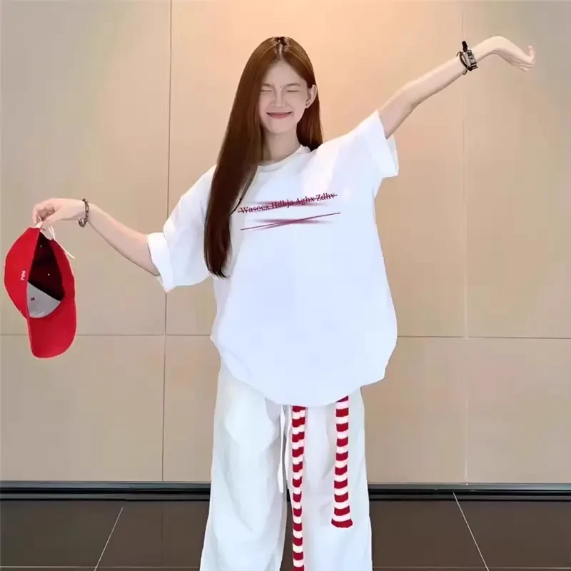 夏季纯棉字母印花休闲落肩宽松纯欲风女士短袖t恤学生ins美式半袖