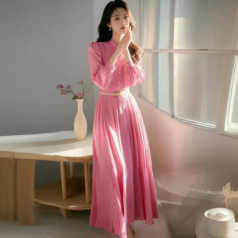 粉色衬衫连衣裙女春季新款法式高腰显瘦设计感百褶轻熟风气质长裙