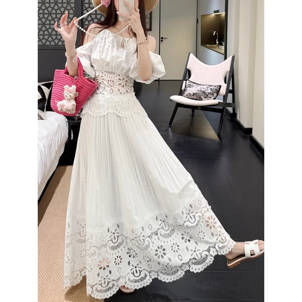 白色重奢蕾丝镂空挂脖泡泡袖上衣 白色法式重磅镂空绣百褶半身裙