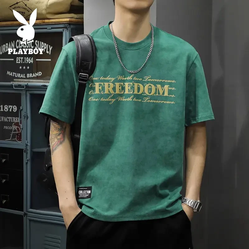 花花公子2025复古新款短袖T恤男百搭宽松潮牌半袖夏季男体恤上衣