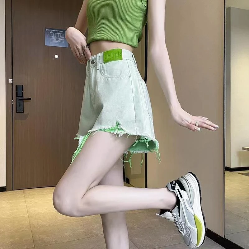 浅色高腰牛仔短裤女夏季2025年新款薄荷曼波风小个子宽松破洞热裤