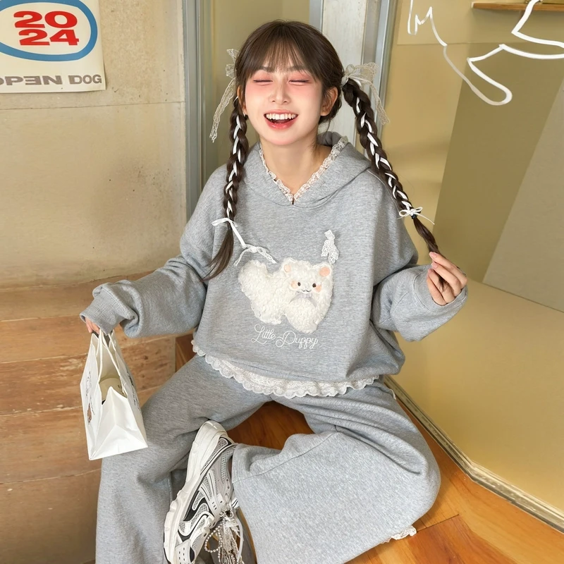 森女部落原创甜美卡通可爱连帽花边拼接卫衣外套女闺蜜装2025春款