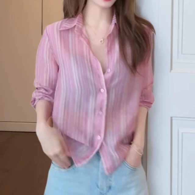 2025新款夏季防晒长袖上衣氛围感条纹衬衫女粉色时尚显瘦减龄衬衣