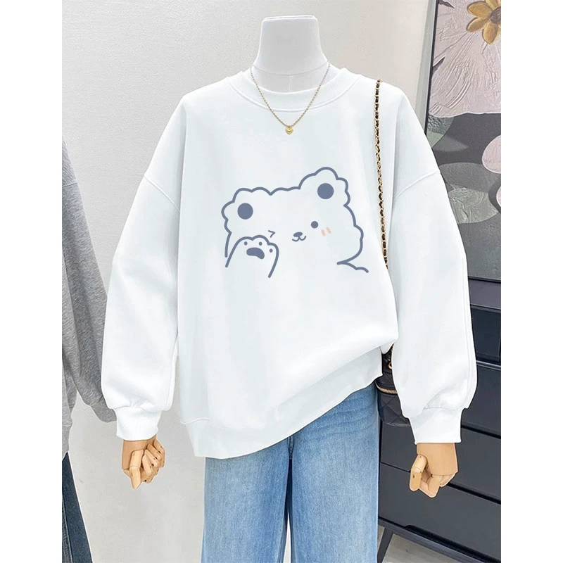 白色圆领加绒加厚卫衣女2025年新款胖mm休闲百搭显瘦遮肚外套上衣