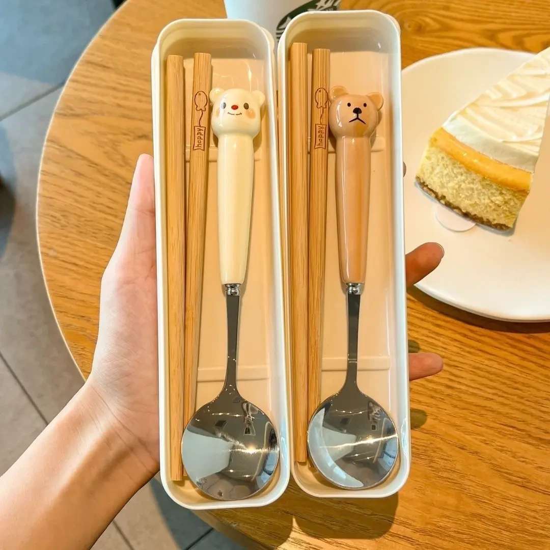 可爱ins萌小熊勺子叉子筷子高颜值学生儿童卡通手柄外出便携.C275