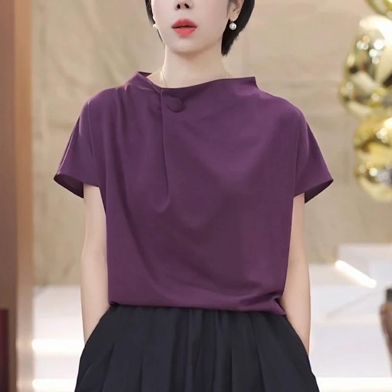 宽松时尚紫色短袖t恤女夏季2025新款显瘦减龄设计感休闲气质上衣