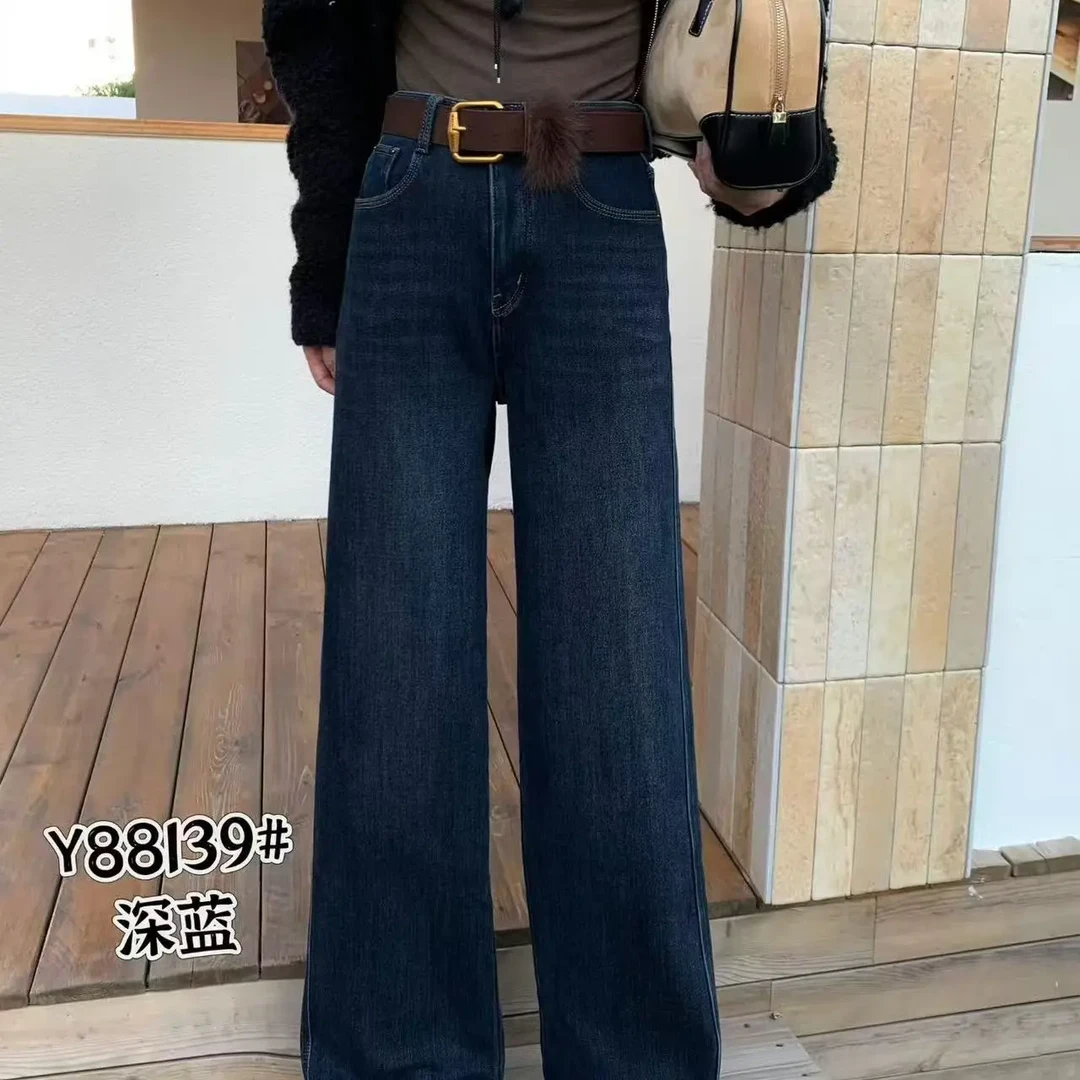 复古蓝加绒高腰牛仔裤女秋冬季显瘦加厚保暖百搭直筒长裤
