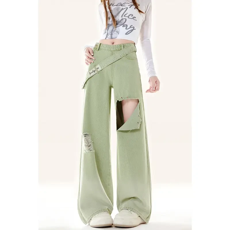 自然涩破洞侧边拉链绿色阔腿直筒牛仔裤子女夏季纯欲慵懒风女装