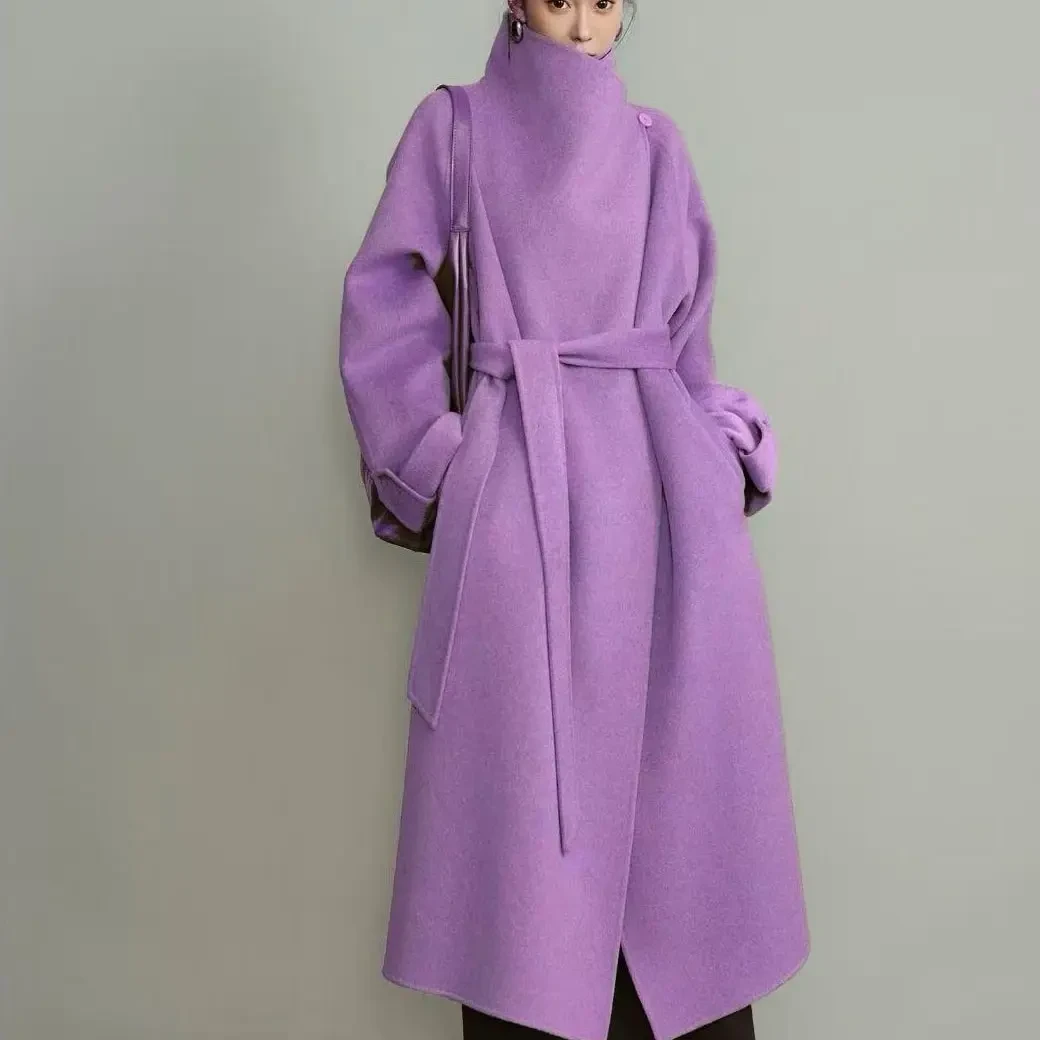 25新款长款轻奢时尚休闲冬季长款立领系带双面精品大衣外套