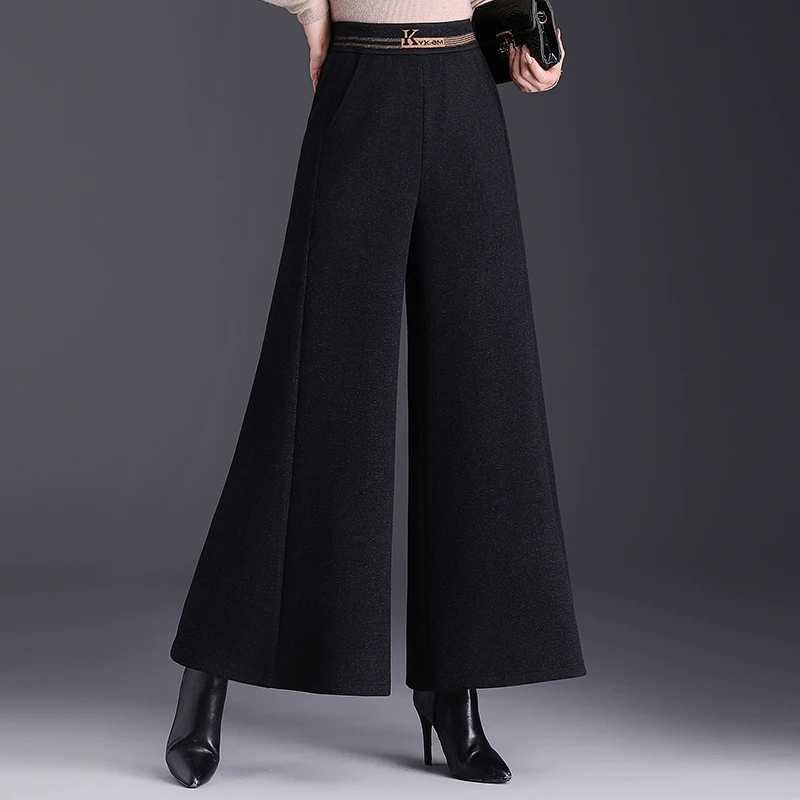 黑色裤子女加厚秋冬羊毛呢高腰显瘦宽松甩裤阔腿裤喇叭裙裤九分裤