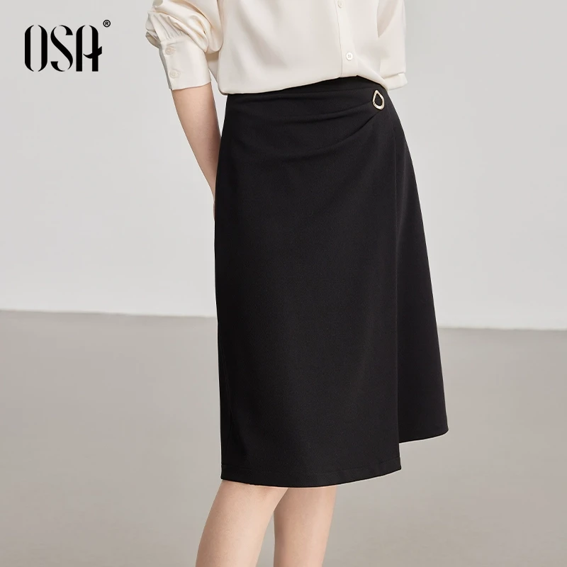 【OSA/欧莎】黑色不对称罗马褶小开叉半身裙女显瘦中裙S125A51008