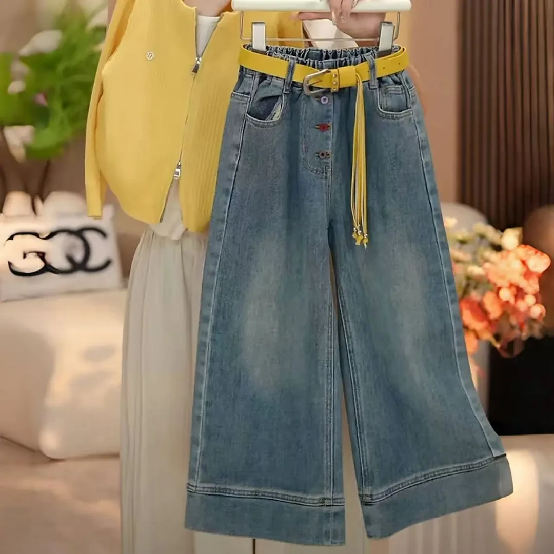 女童牛仔裤2025秋款女孩百搭洋气裤子儿童浅秋牛仔阔腿裤韩版长裤