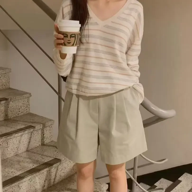 【李羊羊东大门精选】V领条纹针织显瘦韩版百搭简约