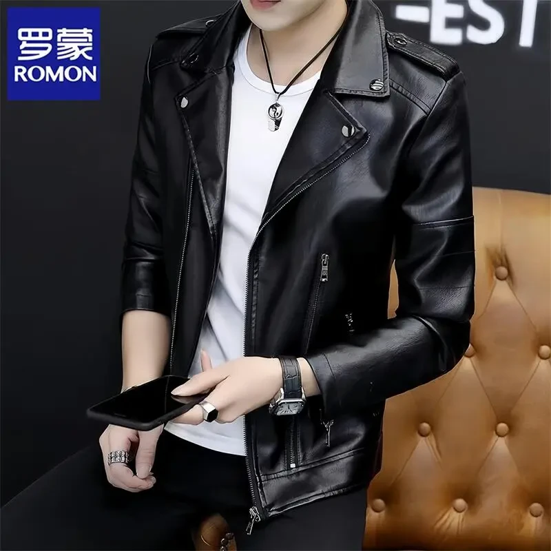 Romon罗蒙/海宁皮衣男秋冬季新款韩版修身软皮夹克机车服外套潮流