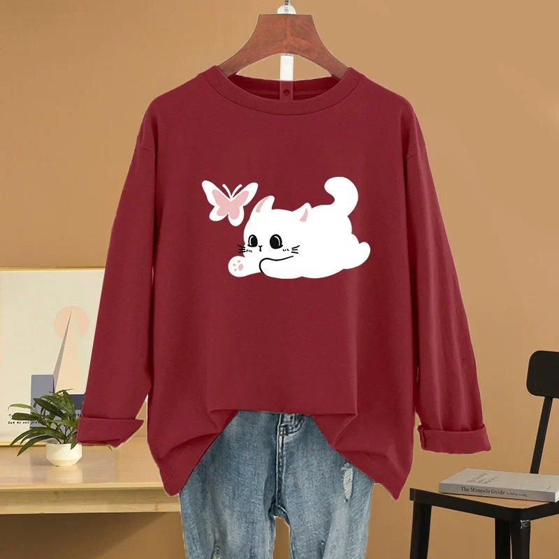 200斤胖mm大码宽松百搭红色纯棉长袖t恤女2025年新款显瘦打底上衣