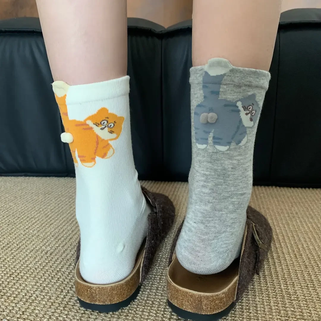 2025新款猫咪蛋蛋袜子女秋季可爱薄款卡通搞怪中筒长袜透气吸汗