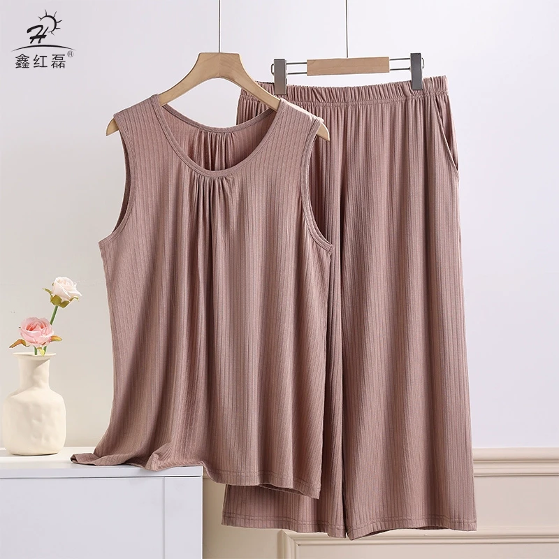 莫代尔大码遮肚背心套装七分裤女士妈妈装打底衫夏季外穿薄款上衣