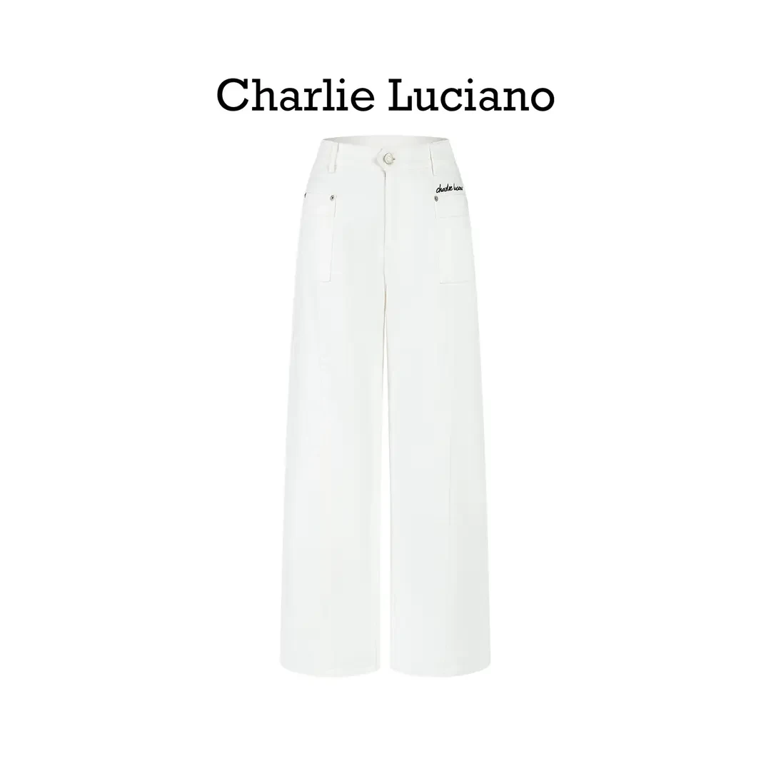 Charlie Luciano标识刺绣牛仔窄直筒裤女牛仔裤直筒高腰宽松长裤