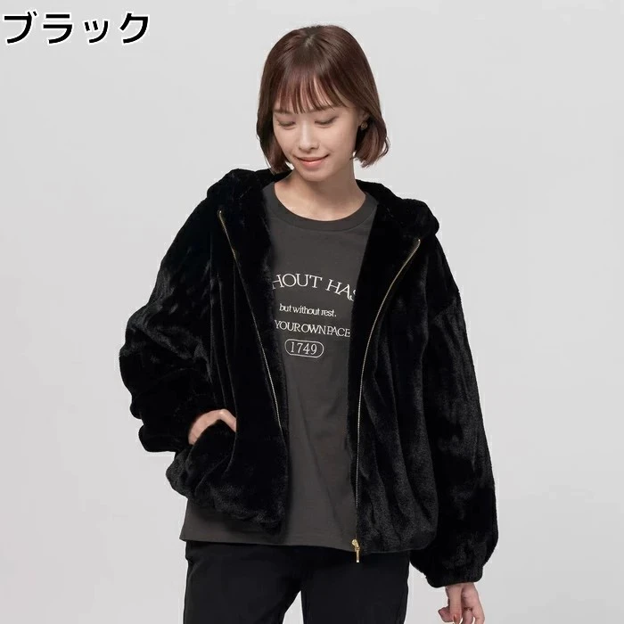 日单秋冬 女连帽宽松 仿貂绒外套CF