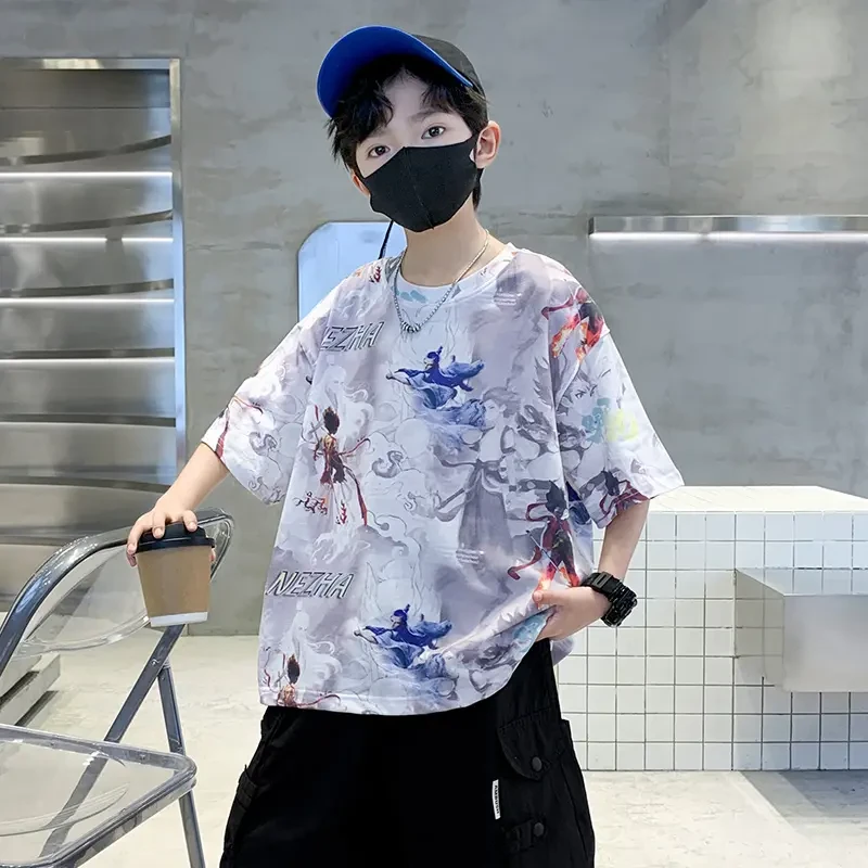 男童夏装国潮哪咤短袖T恤2025新款儿童大童男孩夏季半袖冰感上衣