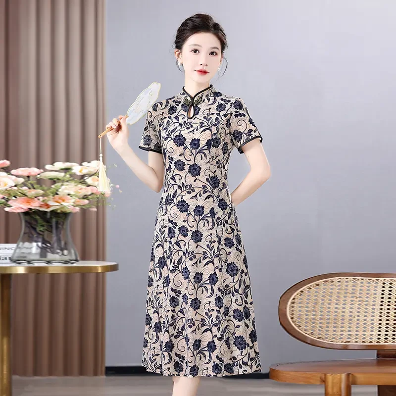 带兜夏季妈妈中年复古改良洋气旗袍连衣裙显瘦新款中老年短袖裙子