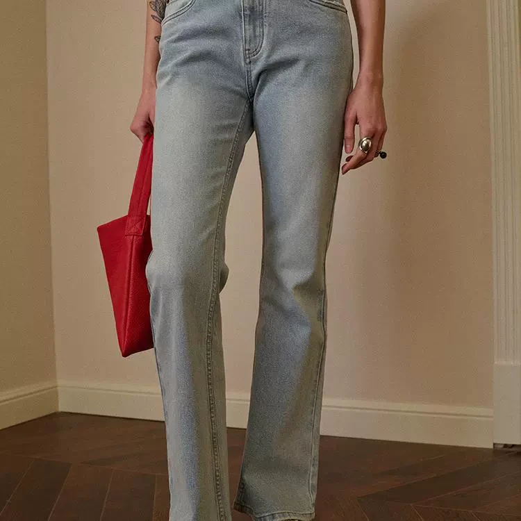 TOPCLOSET 高级质感 法式复古修身显瘦腰头散边设计小喇叭牛仔裤